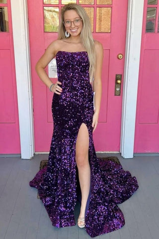 Strapless Sequins Prom Dress with Slit