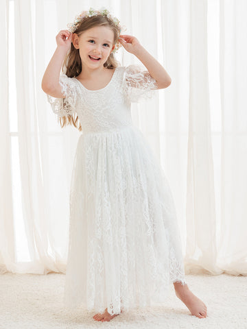 A-line Lace Ankle-length Ivory Boho Flower Girl Dress