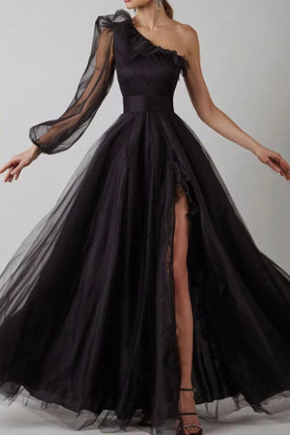 A Line One Shoulder Black Long Prom Dress with Long Sleeves