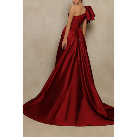 Sheath/column One Shoulder Satin Pleated Side Slit Burgundy Formal Evening Gowns