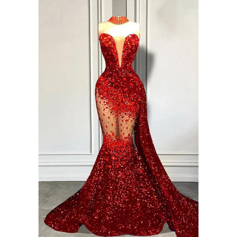 Vestido de fiesta de noche estilo sirena, sexy y atractivo, con lentejuelas, escote en V, sin mangas y volantes