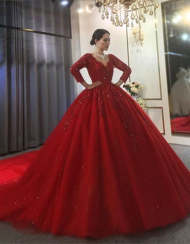 Robe de bal rouge en tulle, col V, manches longues, ornée d'appliqués et de perles, référence Y53