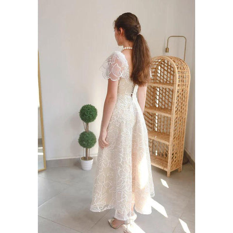 Vestido de fiesta de noche con escote cuadrado, mangas de copa, estampado de tul, corte A, largo hasta la rodilla