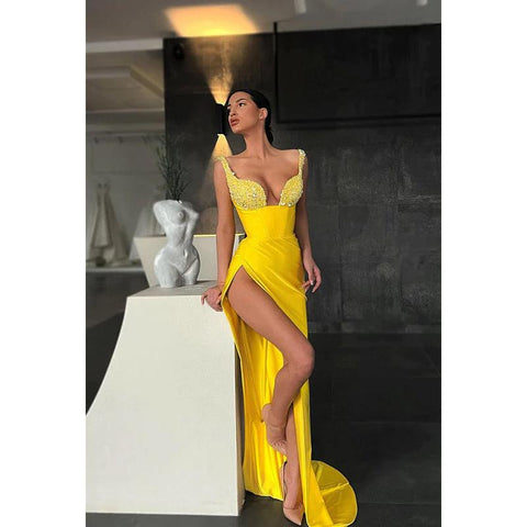 Robe de soirée longue fourreau à paillettes et col en V avec fente