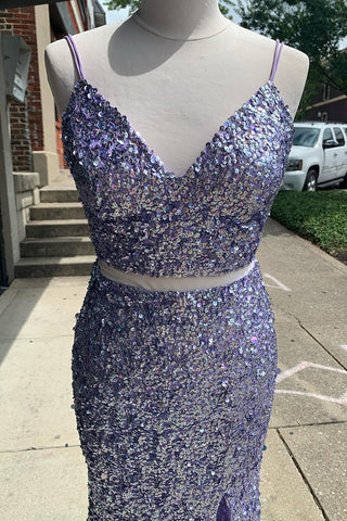 Robe de bal sirène deux pièces bleu clair à sequins avec fente