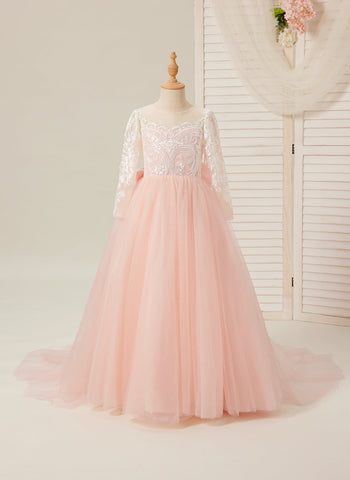 A-line Long Sleeves Lace Tulle Flower Girl Dresses Pink (2003227575)