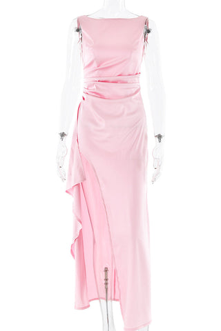 Vestidos de noche sexys de color liso con espalda descubierta, volantes y cuello redondo fruncido (3 colores) 