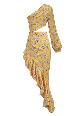 Robe de soirée asymétrique à volants et imprimé floral, une épaule dénudée - Jaune 