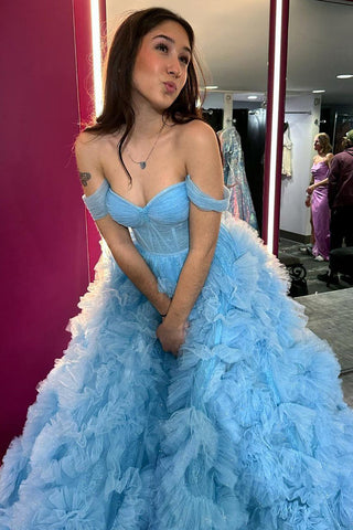 A Line Off the Shoulder Blue Corset Prom Dress with Ruffles