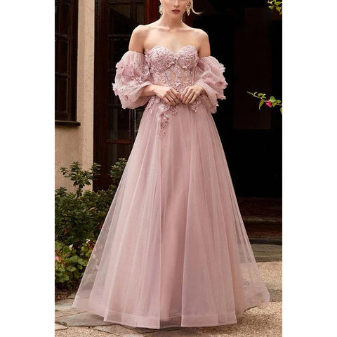 Vestido de noche largo de tul con apliques florales y mangas largas con escote en forma de A