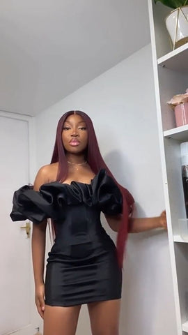 Robe moulante élégante en satin pour femme, épaules dénudées, volants, dos nu, mini-robe de princesse féérique noire, robe de bal Y1840