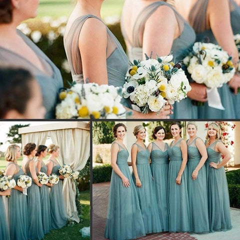 Baoleely Sheath Floor-Length Tulle Dusty Blue Bridesmaid Dresses Sleeveless