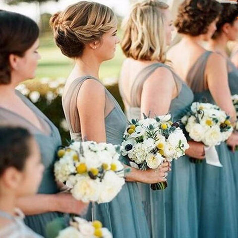 Baoleely Sheath Floor-Length Tulle Dusty Blue Bridesmaid Dresses Sleeveless