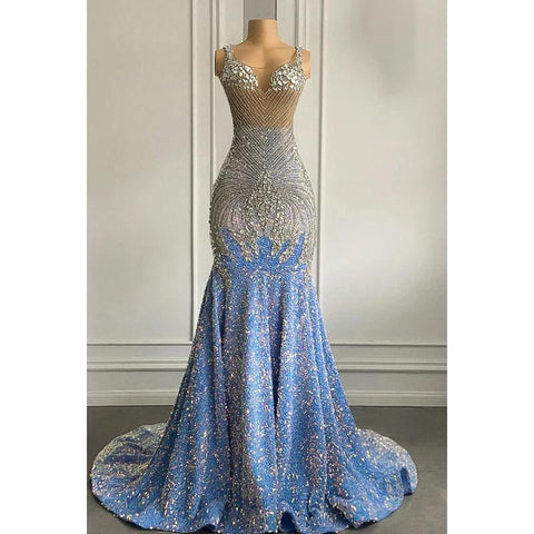 Vestido de noche de fiesta glamuroso y dramático con volantes, pedrería, escote en V, sin mangas y lentejuelas