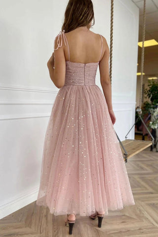A Line Spaghetti Straps Blush Tea Length Prom Dress