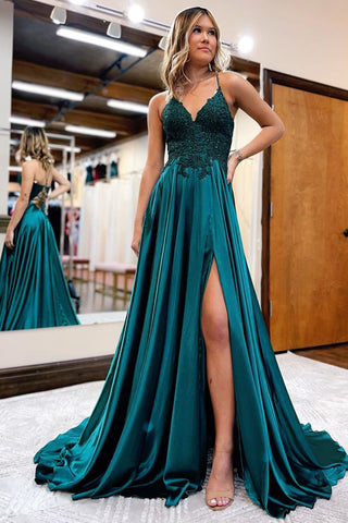 A Line Spaghetti Straps Green Long Prom Dress with Appliques