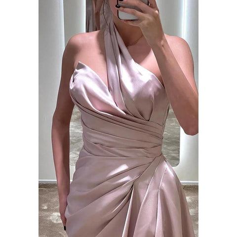 Sheath/Column One Shoulder Satin Pleats Sleeveless Party Dress