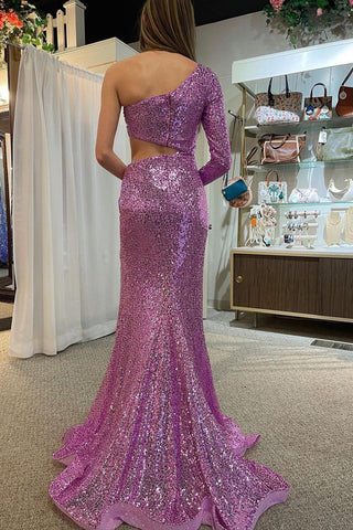 Robe de bal sirène asymétrique violette à sequins et découpes
