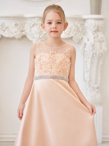 A-line Satin Tulle Sweep Train Champagne Dress (010226776)