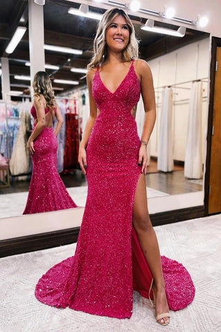 Robe de bal longue sirène à sequins fuchsia, col en V et dos nu