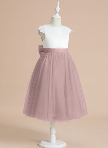 A-line Satin Tulle Tea-length First Communion Flower Girl Dress