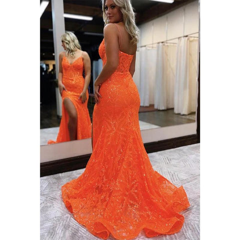 Vestido de fiesta sexy de sirena con escote en V, apliques de lentejuelas y abertura brillante