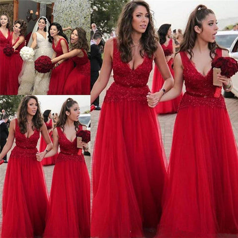 Baoleely Sexy V-neck Beads Appliques Cheap Red Bridesmaid Dresses