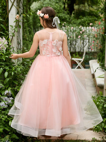 Ball-Gown/Princess Tulle Asymmetrical Pink Flower Girl Dress