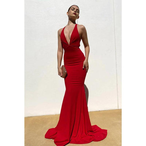 Vestido de fiesta de sirena con pliegues y escote en V profundo sexy 