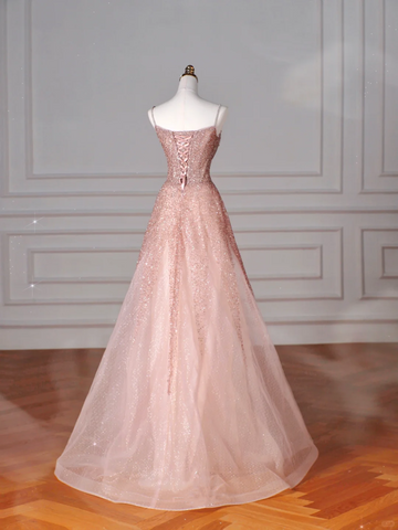 Robe de bal rose pailletée en tulle à sequins et perles, bretelles spaghetti, coupe trapèze, référence Y8619