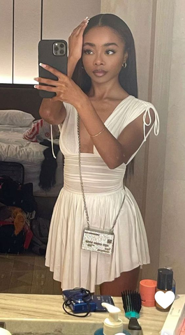 Vestido corto de fiesta de bienvenida, sin mangas, cruzado, de gasa plisada con escote en V, sin mangas, de cintura alta y corte ajustado Y7075