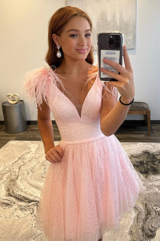 Vestido de fiesta rosa de corte A, tul, escote en V profundo, con cuentas y plumas Y2863