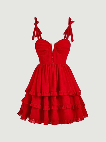 Vestido rojo de fiesta de bienvenida con corte en A, hombros con lazo y bajo con volantes Y2720