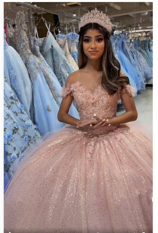 Magnifique robe de quinceañera rose poudré à épaules dénudées, robe de bal rose poudré à paillettes Y391