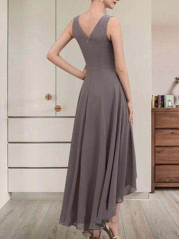 A-line V-Neck Asymmetrical Chiffon Mother of the Bride Dress With Beading Sequins