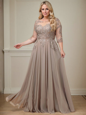 A-line Scoop Illusion Floor-Length Lace Chiffon Mother of the Bride Dress With Sequins