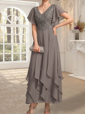 A-line V-Neck Ankle-Length Lace Chiffon Mother of the Bride Dress With Cascading Ruffles