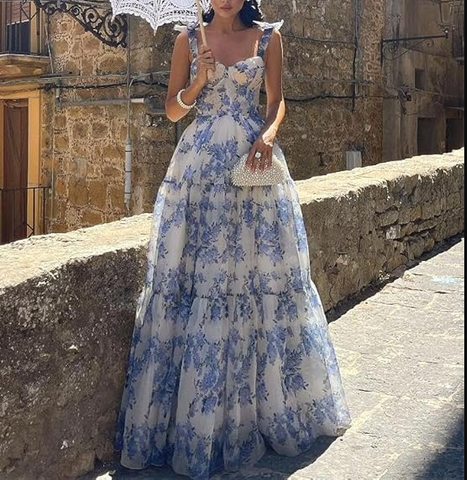 A-line Blue Floral Print Long Prom Dress Blue Evening Dress Y2560