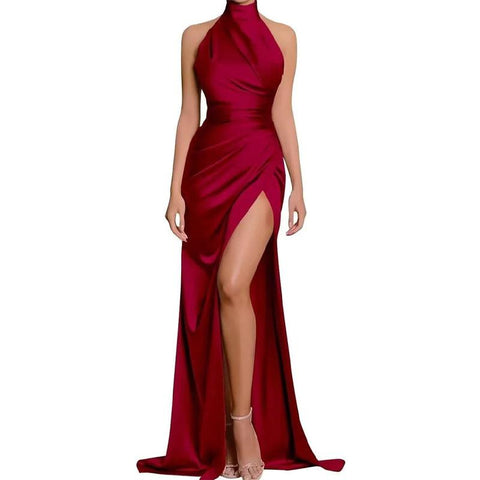 Robe de bal longue à décolleté haut et fente haute
