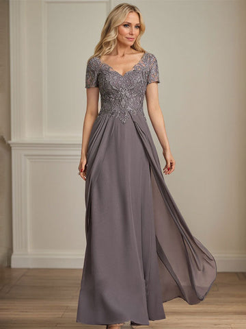 A-line V-Neck Floor-Length Chiffon Lace Mother of the Bride Dress