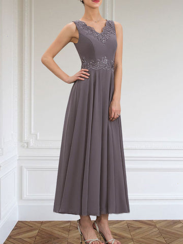 A-line V-Neck Ankle-Length Chiffon Mother of the Bride Dress With Sequins Appliques Lace Beading