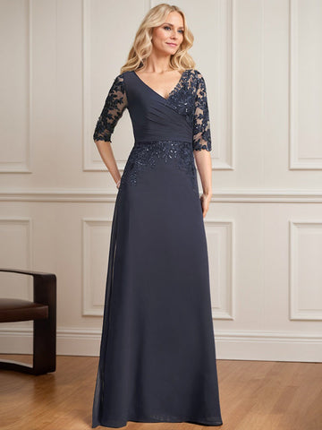 A-line V-Neck Floor-Length Lace Chiffon Mother of the Bride Dress With Pleated Sequins