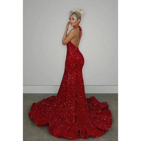 Vestido de noche largo de sirena con escote en V, espalda descubierta, lentejuelas y cola larga