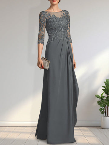 A-line Scoop Illusion Floor-Length Chiffon Lace Mother of the Bride Dress With Beading Sequins Cascading Ruffles