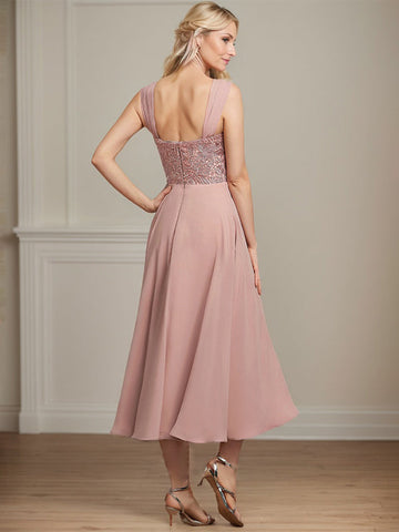 A-line Square Tea-Length Chiffon Lace Mother of the Bride Dress With Sequins Beading
