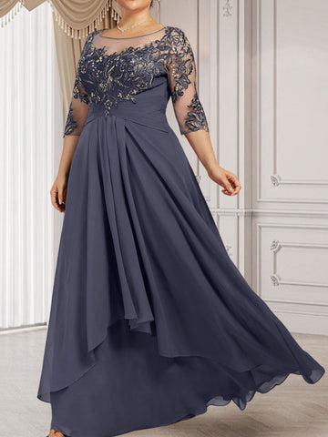 A-line Scoop Illusion Floor-Length Lace Chiffon Mother of the Bride Dress With Cascading Ruffles