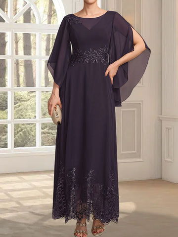 A-line Scoop Illusion Ankle-Length Lace Chiffon Mother of the Bride Dress With Sequins