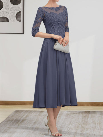 A-line Scoop Illusion Tea-Length Chiffon Lace Mother of the Bride Dress With Beading Sequins