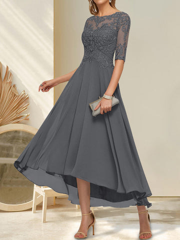 A-line Boat Neck Illusion Asymmetrical Chiffon Lace Mother of the Bride Dress With Sequins Beading