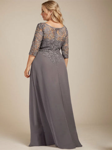 A-line Scoop Illusion Floor-Length Lace Chiffon Mother of the Bride Dress With Cascading Ruffles
